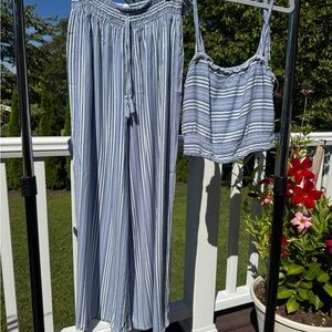 Striped Wide-Leg Pants - Light Blue
